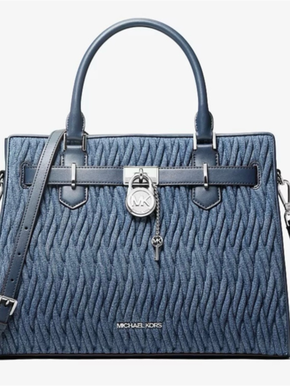 Michael Kors Hamilton Denim-Textured Navy Satchel with Shoulder Strap